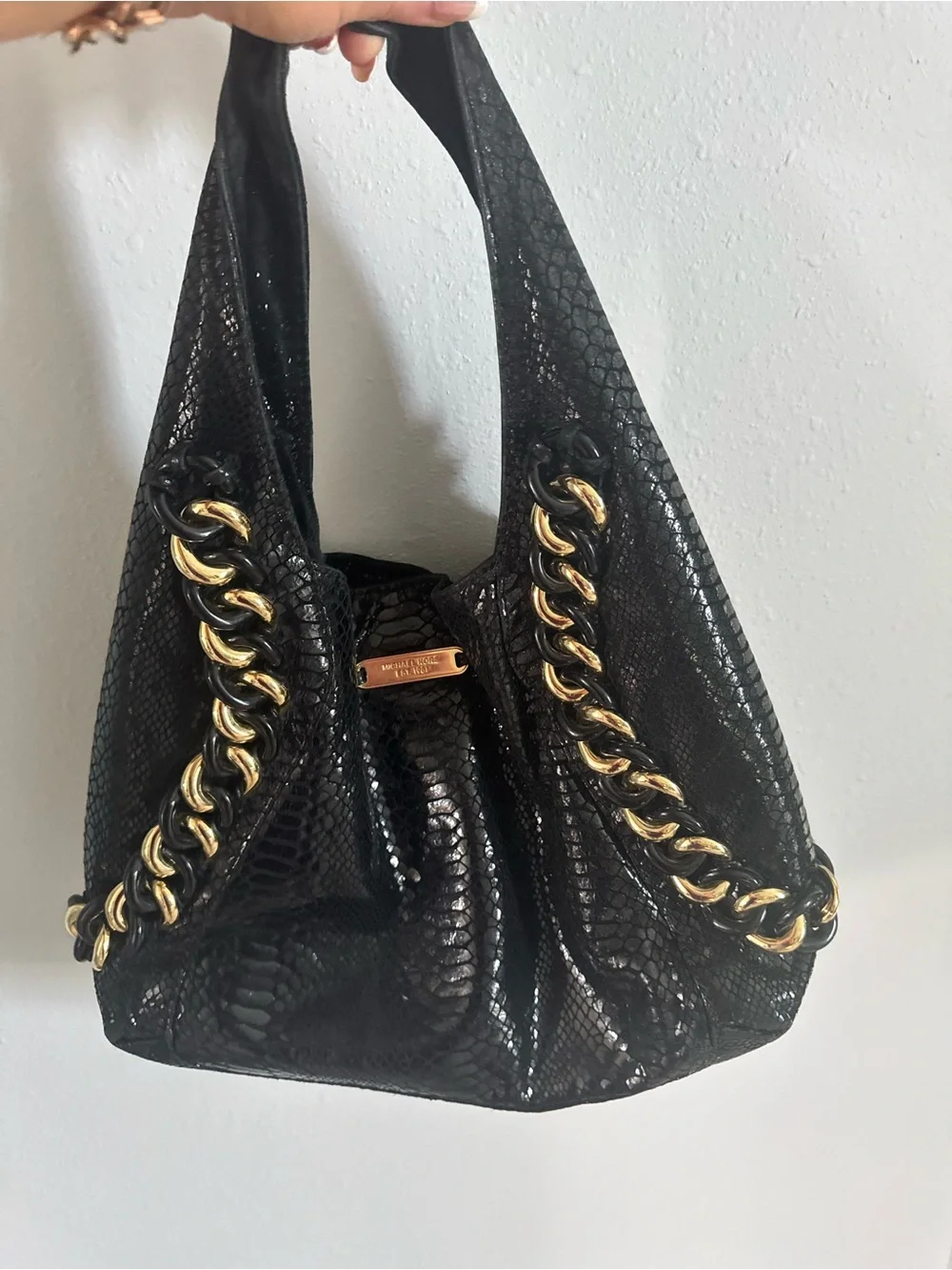 Michael Kors Black Snake-Embossed Shoulder Bag with Gold Chain
